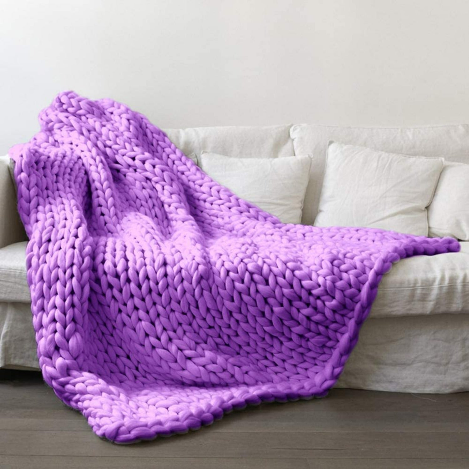 Chunky Knit Blanket Merino Wool Hand Made Throw Purple All