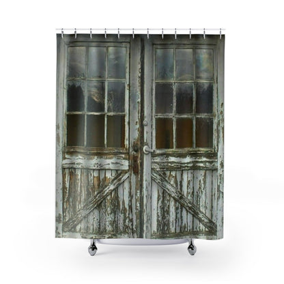 Old Vintage Wood Door Waterproof Shower Curtains- Weathered Wood Windows