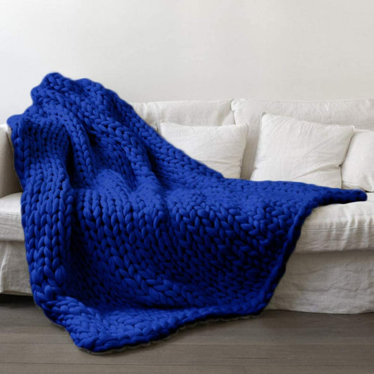 Chunky Knit Blanket Merino Wool Hand Made Throw- Royal Blue