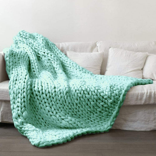 Chunky Knit Blanket Merino Wool Hand Made Throw- Light Green