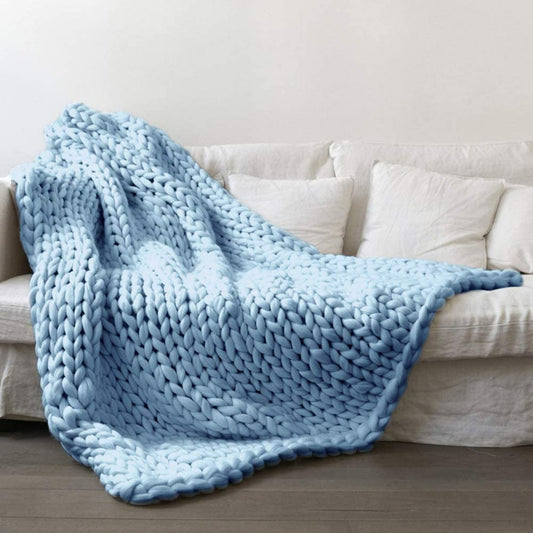 Chunky Knit Blanket Merino Wool Hand Made Throw- Sky Blue