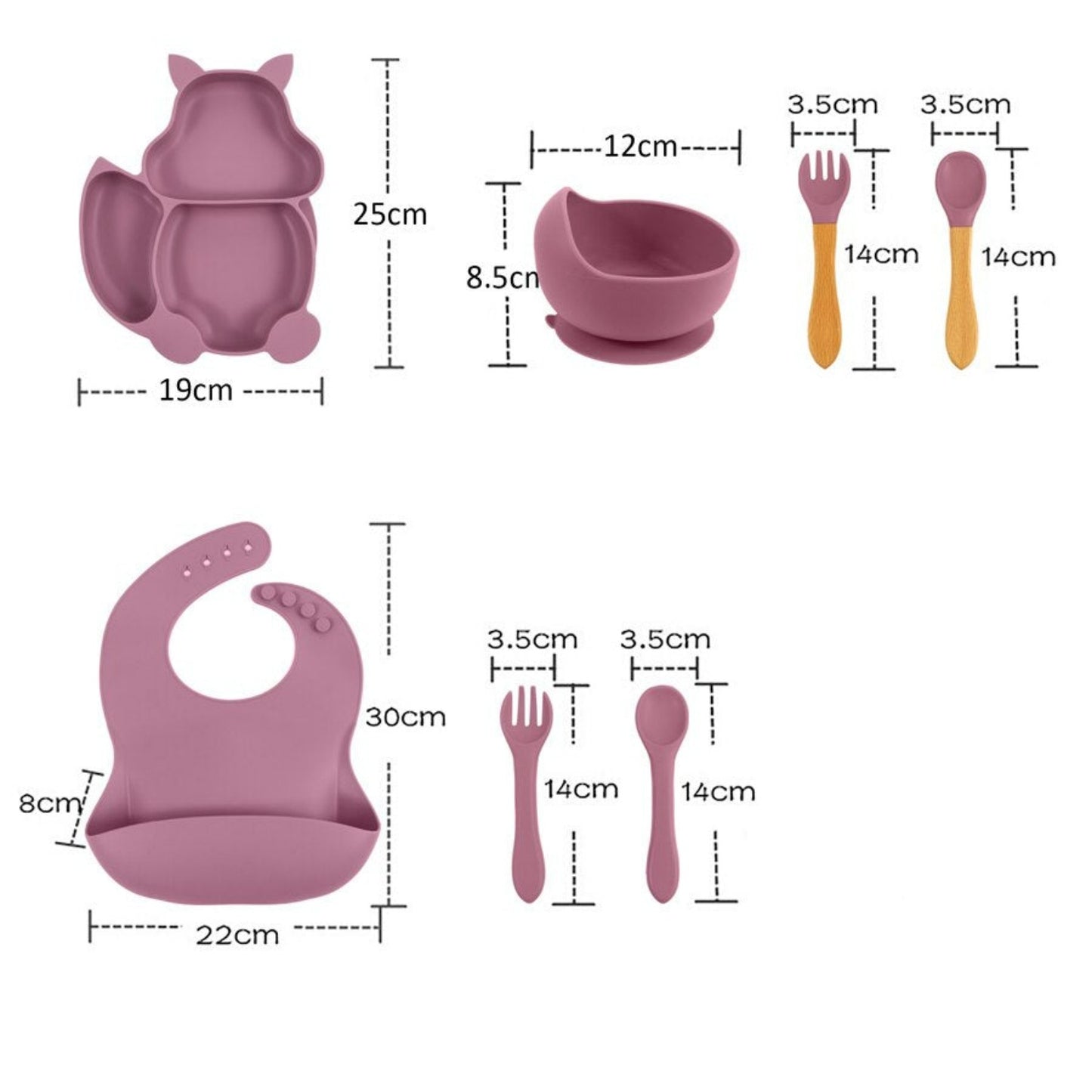 7 pcs Children's Tableware Suction Bowl Utensils Bib Catcher- Pink
