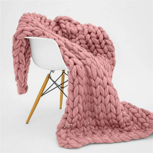 Chunky Knit Blanket Merino Wool Hand Made Throw- Pink
