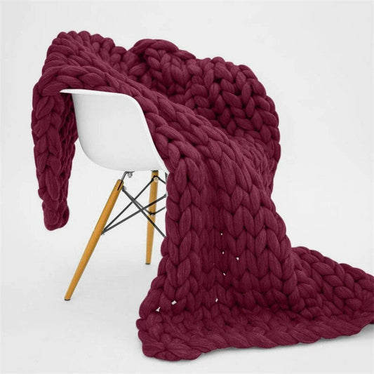 Chunky Knit Blanket Merino Wool Hand Made Throw- Maroon