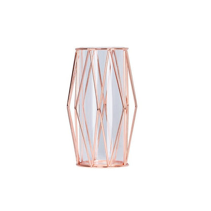 Rose Gold Dimond Majestic Iron Lantern Enclosed Glass Vase