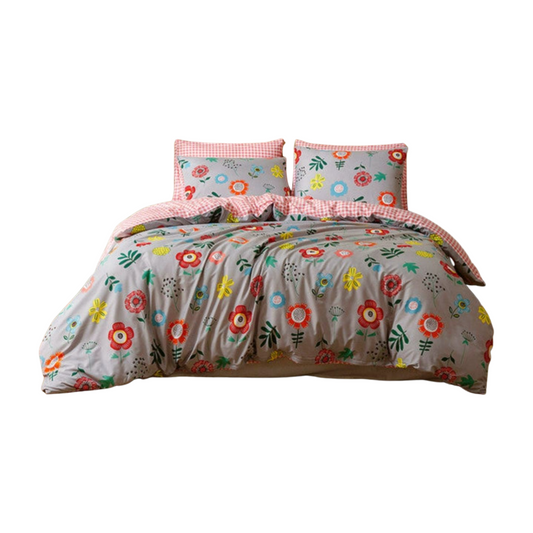 Xadrez Cinza Floral Print Duvet Cover Bedding Set