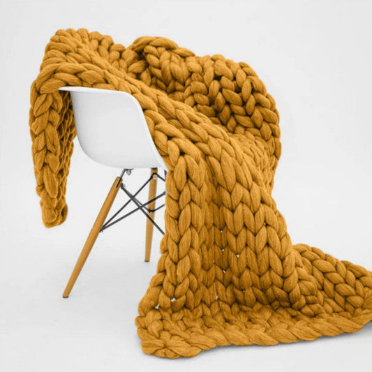 Chunky Knit Blanket Merino Wool Hand Made Throw- Golden Yellow