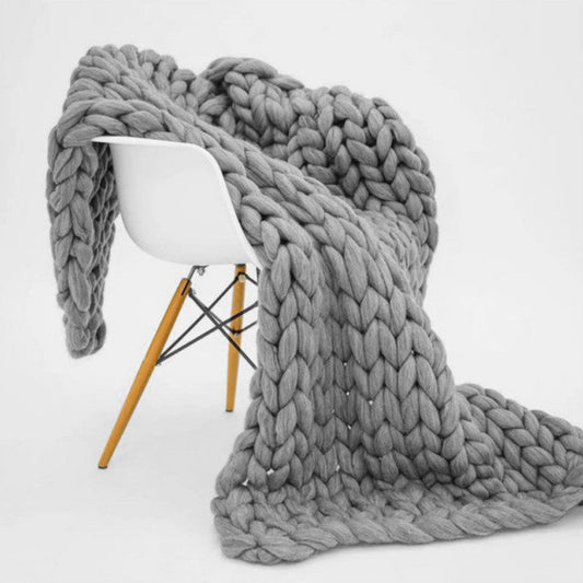 Chunky Knit Blanket Merino Wool Hand Made Throw- Grey