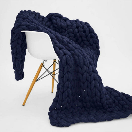Chunky Knit Blanket Merino Wool Hand Made Throw- Navy Blue