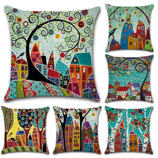Hand-Painted Vibrant Colored Village Throw Pillow Cover