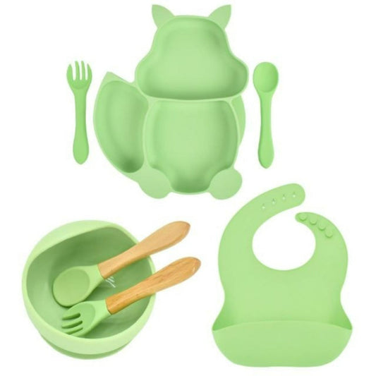 7 pcs Children's Tableware Suction Bowl Utensils Bib Catcher- Green