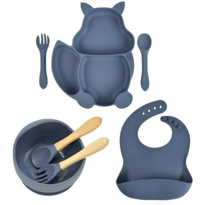 7 pcs Children's Tableware Suction Bowl Utensils Bib Catcher- Blue