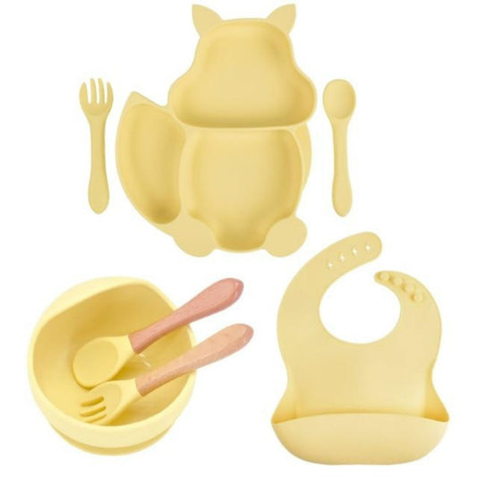 7 pcs Children's Tableware Suction Bowl Utensils Bib Catcher- Yellow