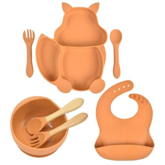 7 pcs Children's Tableware Suction Bowl Utensils Bib Catcher- Orange