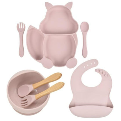 7 pcs Children's Tableware Suction Bowl Utensils Bib Catcher- Pink