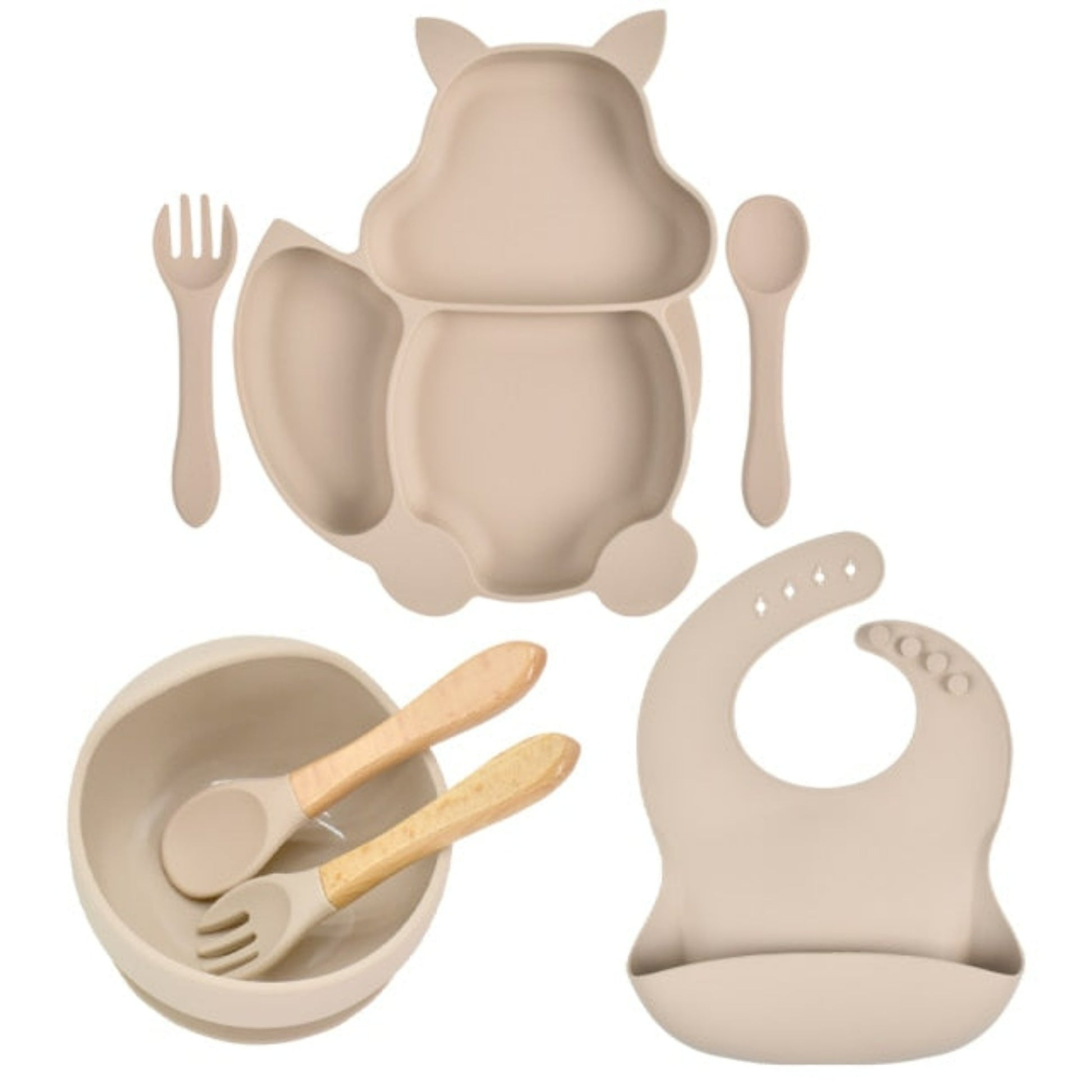 TYRY.HU 7 Piece Silicone Baby Feeding Set-Plate & Bowl & Bib & Cup &  Utensils (CAT Series)
